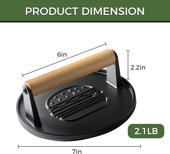 Cast Iron Smash Burger Press 7.1",Grill Bacon Meat Press Tool,Perfect for Blackstone, Camp Chef, Weber Grills & Indoor Griddles – BBQ & Cookout Must-Have (Grooved)