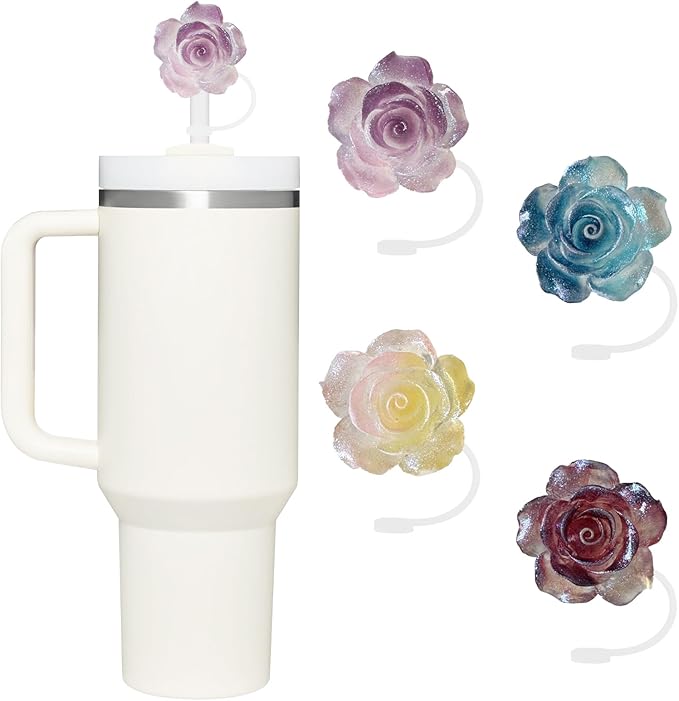 4 Pcs 0.4in Straw Cover for Stanley Cup, Silicone Straw Topper Set for 30&40oz Stanley Tumbler, Fit for 10mm/0.4in Straws (Rose)