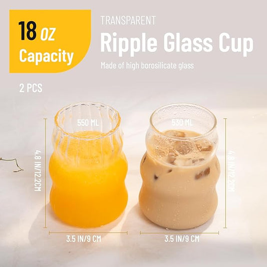2 PCS Ribbed Glass Cups, 18 Oz Vintage Drinking Glasses, Wavy Design Cute Glass Cups for Iced Coffee, Beverage, Juice, Milk, Bubble Tea, Cocktails