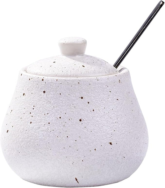 Sugar Bowl with Lid and Spoons Porcelain Salt Containers Spice Bowls for Spice Seasoning (White)