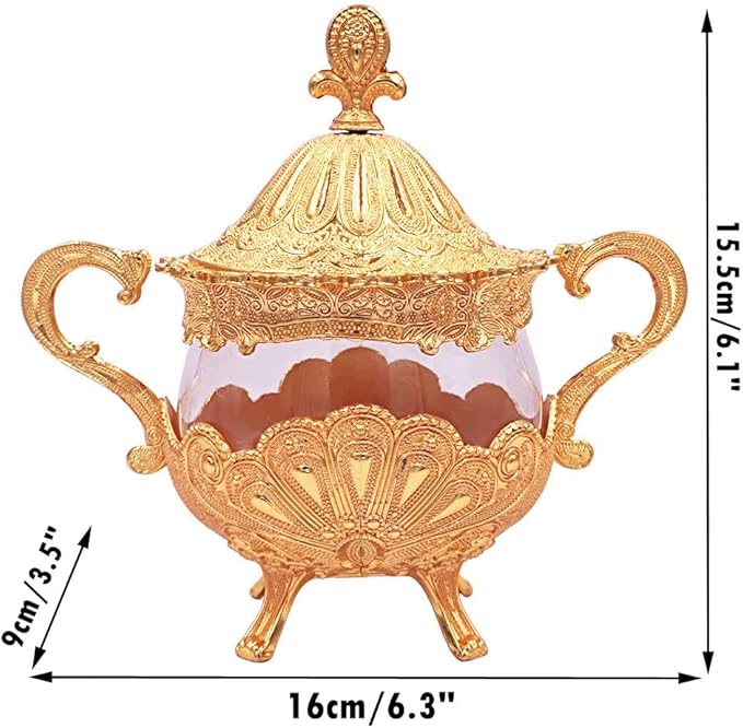 Hourwof Sugar Bowl with Lid and Spoon for Kitchen Coffee Bar and Wedding Party,Metal and Glass Sugar Container for Sugar Cube and Powder Sugar,Spice Condiment Container,Salt Server,Gold