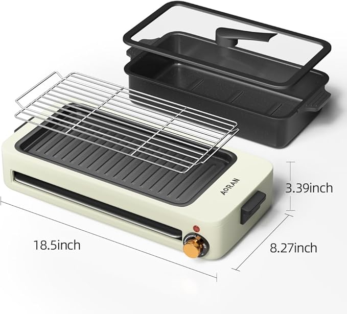 AORAN Electric Indoor Grill – 1700W Smokeless BBQ, Hot Pot & Griddle with 4 Free Tools – Adjustable Temp Control, Non-Stick Coating, Easy Clean White