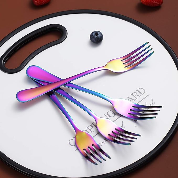 Rainbow Dinner Forks Set of 4, Berglander Stainless Steel Titanium Mutil-Color Plating Fork Set, Colorful Forks And Spoons Silverware, Table Forks Set Sturdy And Dishwasher Safe
