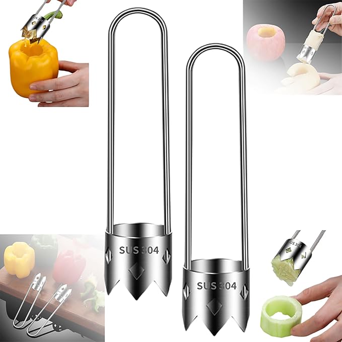 2 in 1 Pepper Seed Corer & Remover, Quickly Cutting & Deseeding Bell Pepper Tool, 2Pcs (Silver)