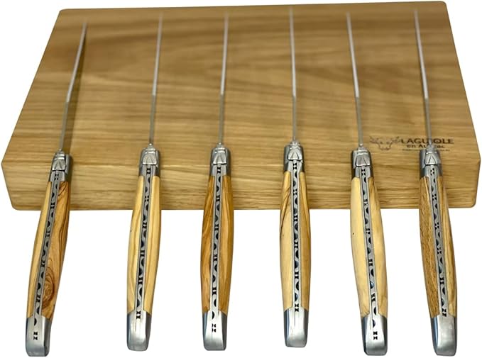 Laguiole en Aubrac Luxury Fully Forged Full Tang Stainless Steel Steak Knives 6-Piece Set with Olivewood Handle, Stainless Steel Matte Bolsters