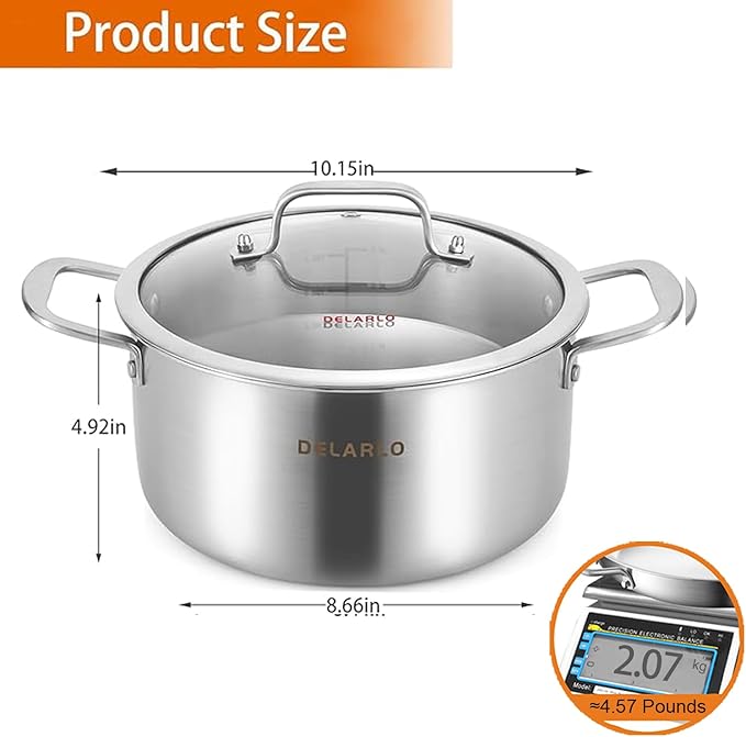 DELARLO Tri-Ply Stainless Steel Stock Pot, 5 Quart Stockpot with Lid, All Stoves Safe Up to 600℉, Saving Fuel 20%, Heavy Duty, Soup Pot with lid, Kitchen Essentials, Fast Even Heat