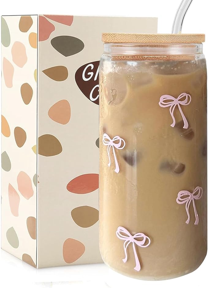 Coquette Aesthetic Glass Cups with Lids and Straws - Pink Bow Iced Coffee Cup Decor, Cute Tumbler Smoothie with Cleaning Brush&Gift Box, Gifts for Girls Women Friends, 16 oz