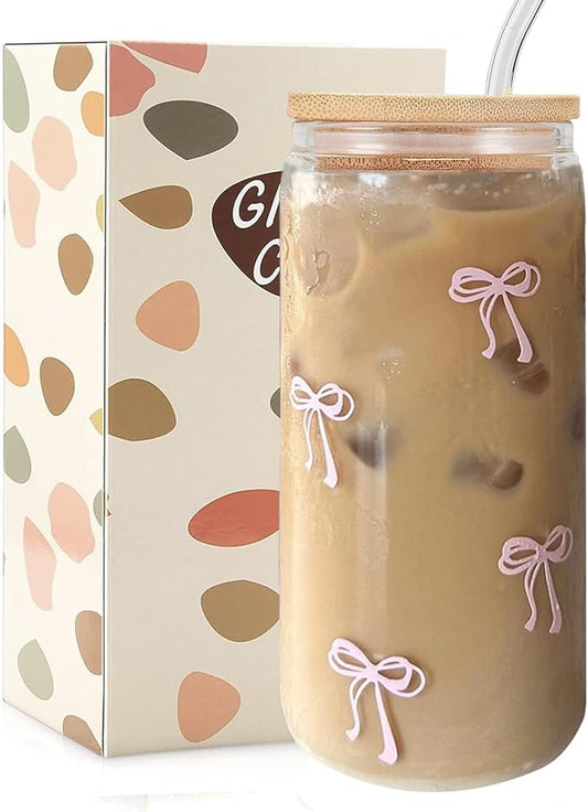 Coquette Aesthetic Glass Cups with Lids and Straws - Pink Bow Iced Coffee Cup Decor, Cute Tumbler Smoothie with Cleaning Brush&Gift Box, Gifts for Girls Women Friends, 16 oz