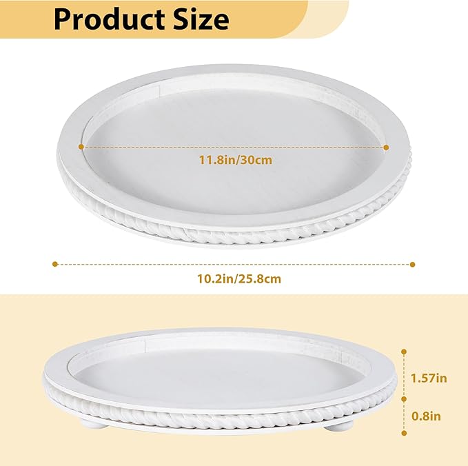Urban Deco Decorative Trays for Home Decor, Round Wooden Trays for Coffee Table, White Stripes Tray for Living Room, Kitchen, Farmhouse Centerpiece Decor (1-Pk)