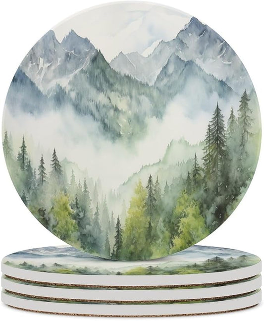 Round-4PCS Forest Ceramic Coasters, Round Absorbent Drink Coasters, Watercolor Style Nature Woodland Green Forest Mountain Plant Ceramic Table Coasters for Coffee, Beverage, Wine, Beer Coasters