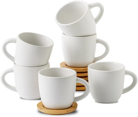 HASENSE 6 Ounce Ceramic Cappuccino Cups with Saucers for Espresso,Double Shot, Latte, Cafe Mocha, Stackable Coffee Cups Espresso Cups with Handle for Cafes, Home, Office, White