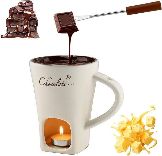 Chocolate Fondue Mugs, Chocolate Melting Cup Set with Forks Candle Warmer, Mini Ceramic Coffee Warmer Mug, Fondue Cups With Forks For Date Night Birthday Wedding Gifts(White)