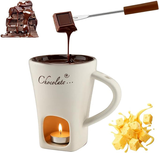 Chocolate Fondue Mugs, Chocolate Melting Cup Set with Forks Candle Warmer, Mini Ceramic Coffee Warmer Mug, Fondue Cups With Forks For Date Night Birthday Wedding Gifts(White)