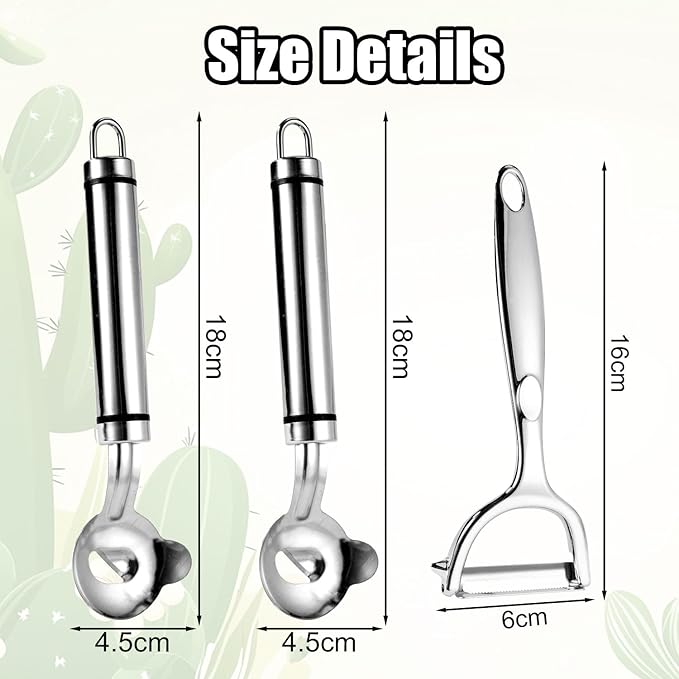 3pcs Cactus Peeler Tools, Stainless Steel Cactus Peeling Knife and Peeler Spoon, Long Handle Pelador de Nopales, Sliced Noodle Vegetable Paring Cutter with Hole for Kitchen Cooking Gadgets