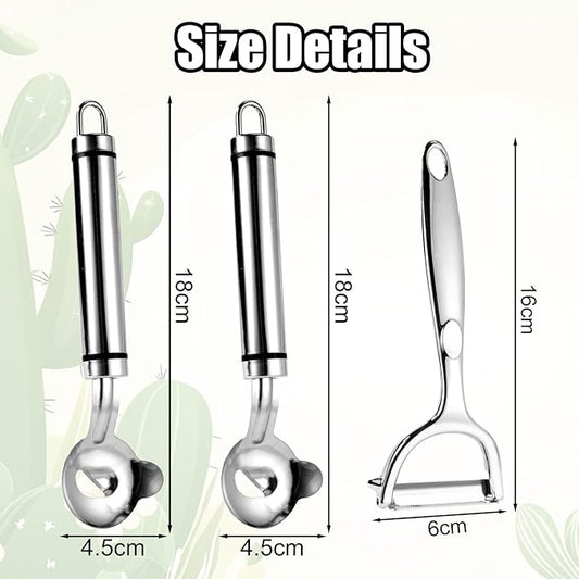 3pcs Cactus Peeler Tools, Stainless Steel Cactus Peeling Knife and Peeler Spoon, Long Handle Pelador de Nopales, Sliced Noodle Vegetable Paring Cutter with Hole for Kitchen Cooking Gadgets
