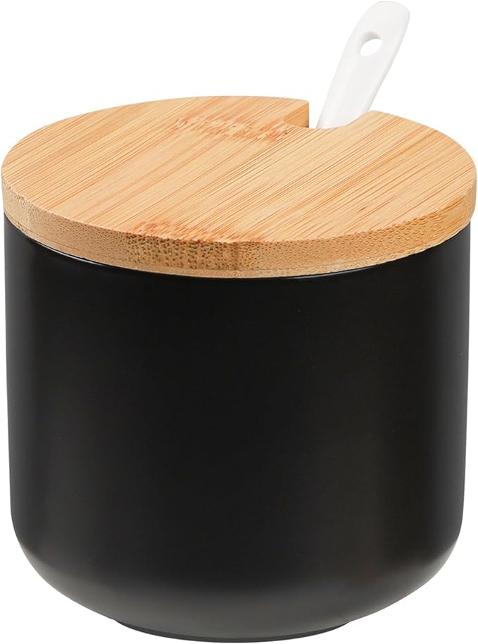 VanEnjoy Black Sugar Bowl with Lid 10oz Ceramic Sugar Bowl Salt Cellar with Lid and Spoon Salt Jar for Seasoning Sugar Container with Spoon