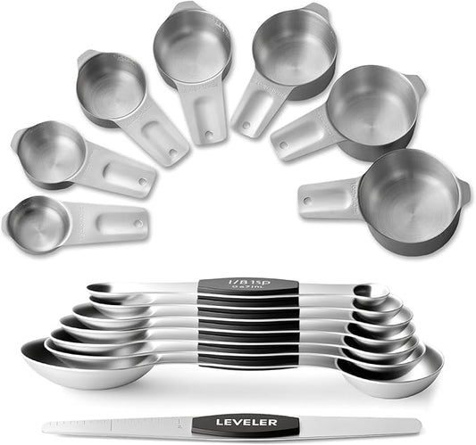 Stainless Steel Measuring Cups & Spoons Set, EWFEN Kitchen Tools Nesting Measuring Cups and Spoons, Set of 15 with Leveler, Black