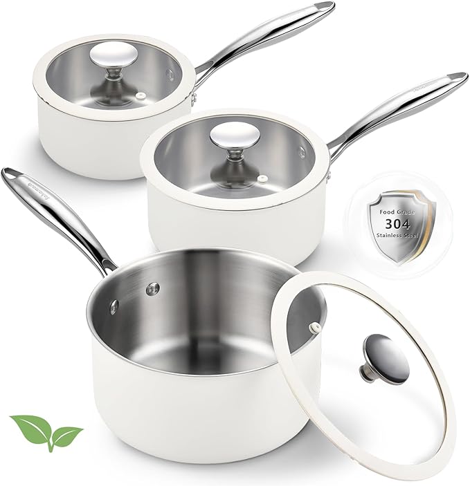 Tri-Ply Stainless Steel Sauce Pan Set with Lids 6PC, 1.5QT & 2.5QT & 3QT, Induction, PFOA Free, Dishwasher Safe,Sauce Pot, Cooking Pot, Tri-Ply Full Body
