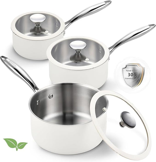 Tri-Ply Stainless Steel Sauce Pan Set with Lids 6PC, 1.5QT & 2.5QT & 3QT, Induction, PFOA Free, Dishwasher Safe,Sauce Pot, Cooking Pot, Tri-Ply Full Body