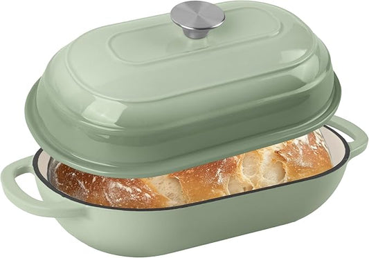 Fijxzct Premium Enameled Cast Iron Dutch Oven for Bread Baking | Non-Stick 5QT Oval Bread Oven with Lid | Perfect for Sourdough, Loaf, and Artisan Baking (Gradient Green, 5 QT)