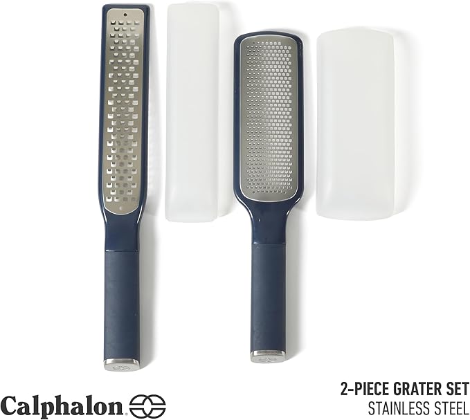 Calphalon Edge 2 Piece Stainless Steel Handheld Cheese Grater and Lemon Zester W/Covers & Rubber Handles - Navy Blue