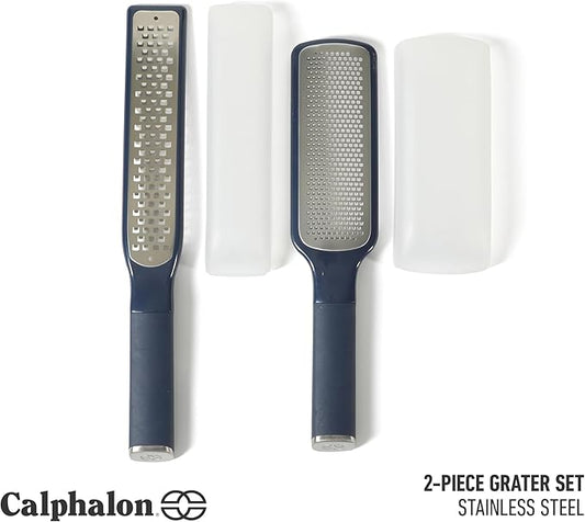 Calphalon Edge 2 Piece Stainless Steel Handheld Cheese Grater and Lemon Zester W/Covers & Rubber Handles - Navy Blue