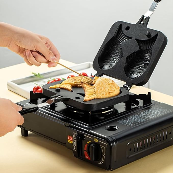 Joyzan Taiyaki Cake Pan, Fish Shaped Non stick Waffle Maker Double Pancake Baking Japanese Plate Stainless Steel Bread tool Handle Home Cooking Snacks DIY Desserts Party Electric Stovetop Gas Stove