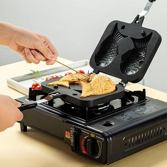Joyzan Taiyaki Cake Pan, Fish Shaped Non stick Waffle Maker Double Pancake Baking Japanese Plate Stainless Steel Bread tool Handle Home Cooking Snacks DIY Desserts Party Electric Stovetop Gas Stove