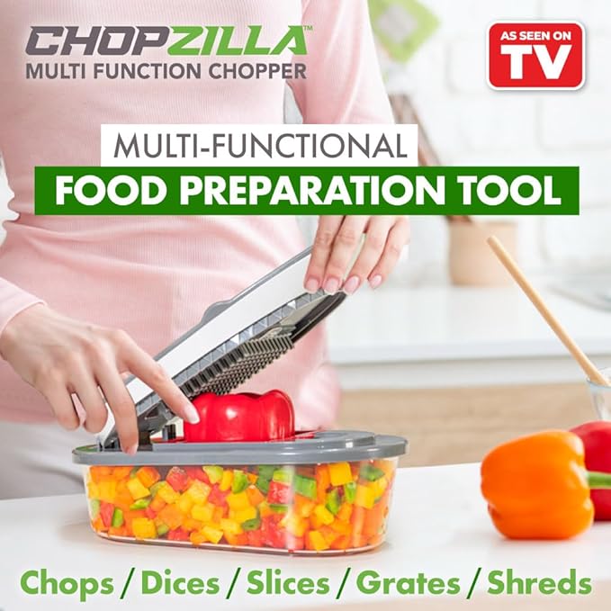 CHOPZILLA Vegetable Chopper and Mandoline Slicer for Kitchen Cuts 18x Faster, Come with 4 Blades, Scraper, & Container, All in 1 Veggie Chopper Vegetable Cutter, French Fry Cutter, Onion, Fruit, Salad