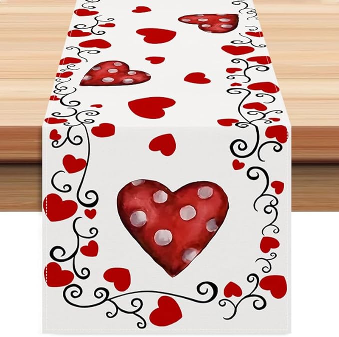 Valentine's Day Table Runner Linen Red Love Heart Table Runner Heart Floral Cloth Dresser Scarves Polka Dots, for Valentines Holiday Home Kitchen Dining Style Table Decoration (13*72 Inch)