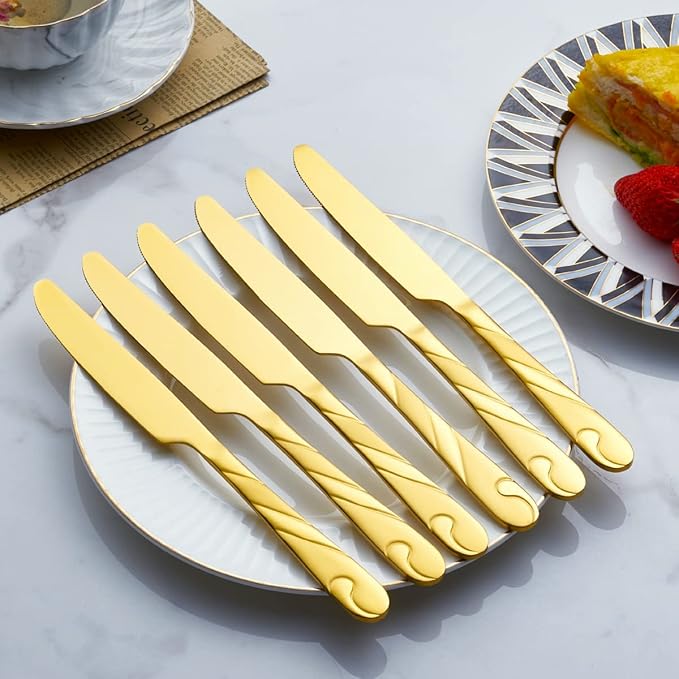 Gold Dinner Knife Set, 9.2-inch Stainless Steel Shiny Gold Dinner Table Knife Silverware, Set of 6