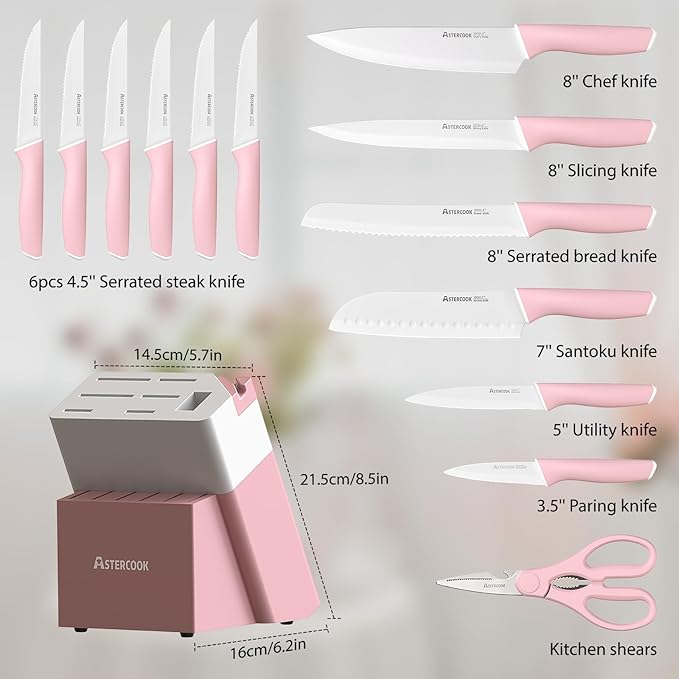 Astercook Knife Set, Kitchen Knives Set with Block and Sharpener Ceramic Coating 15 Pcs German Stainless Steel Knives Sharp Blade Dishwasher Safe Deba Knives with Ergonomic Handle, Crystal Pink