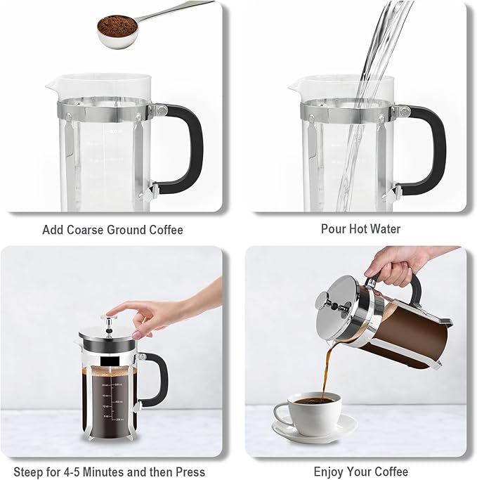 Nukeekee French Press Coffee Maker,34oz 304 Stainless Steel with 2 Filter, Heat Resistant Durable, Easy to Clean, Borosilicate Glass Press, BPA Free Glass TeaPot-34 Ounce 1 Liter (Chrome)