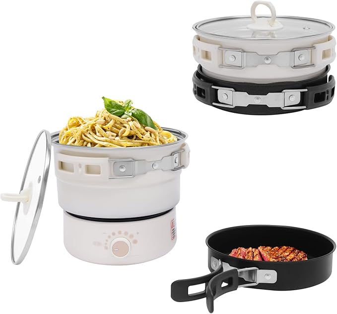 Portable Electric Hot Pot 500W 1.6L with Foldable Handles Power Adjustment Non-stick Frying Pan Mini Hot Pot Multi-Functional Ramen Noodle Cooker for Noodles Steak Cooker (White)