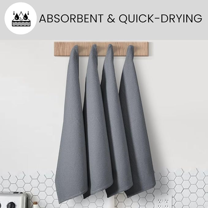 Waffle Kitchen Towels Large 16x26 inch 100% Cotton Set of 4 - Soft Absorbent Washable Tea Towel for Kitchen - Dish Cloths Quick Drying - 320 GSM Quality Dish Towel Grey