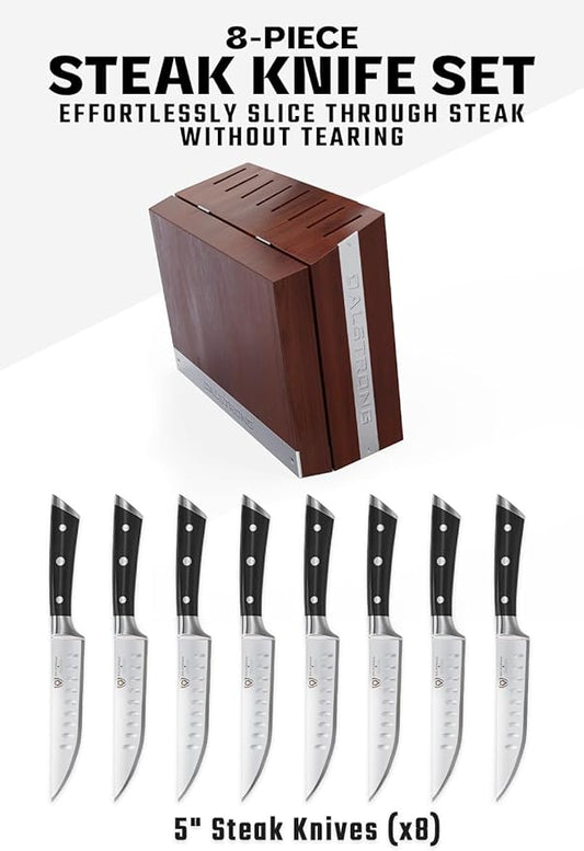 Dalstrong Steak Knife Set - 8 Piece - 5 inch Straight Edge Blade - Gladiator Series Elite - Forged High-Carbon German Steel Dinner Kitchen Knife - Black G10 Handle - Folding Block Set - NSF Certified