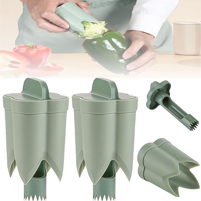 2 in 1 Pepper Seed Corer Remover, Quickly Cutting and Deseeding Bell Pepper Corer Tool for Kitchen (Green, 2Pcs)
