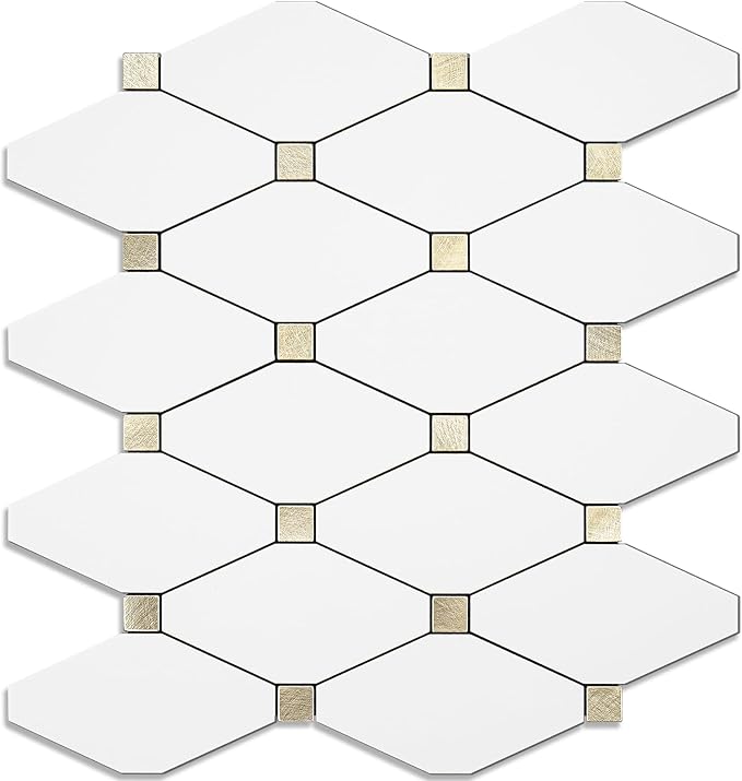 STICKGOO 1 Sheet Peel and Stick Backsplash, Pure White Marble Look PVC Mixed Metal Gold Kitchen Backsplash, Stick on Backsplash Wall Tiles for Kitchen, Bathroom, RV