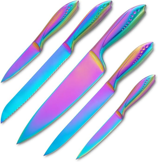 WELLSTAR Kitchen Knife Set 5 Piece, Razor Sharp German High Carbon Stainless Steel Blade, Chef Bread Carving Utility Paring Knives for Culinary Chopping Cutting Slicing and Peeling - Rainbow