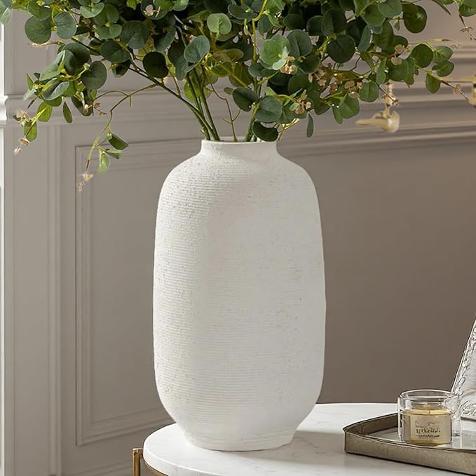 White Ceramic Flower Vase Home Decor - Large Tall Farmhouse Table Vases Rustic Living Room Kitchen Bedroom Decorations for House Book Shelf Office Coffee Desk，Hand-Made Textured Surface (10.8“ H)
