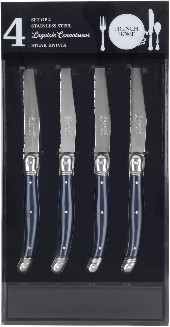 French Home Laguiole Connoisseur 4-Piece Steak Knife Set – Stainless Steel with Navy Blue Handles, Etched Detailing & Napoleon Bee Emblem – Serrated Knives for Smooth Cutting (9.25")