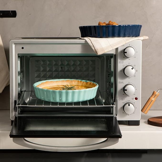 Sweejar Ceramic Pie Pan, 9.5 Inches Round Wavelet Fringe Dish, Non-Stick Plate for Baking Pumpkin, Apple (Turquoise)