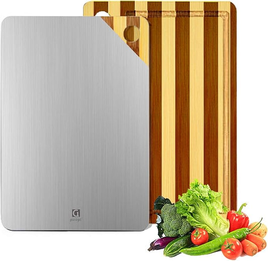 Cutting Board, Titanium Cutting Board for Kitchen, Pure Titanium and Natural Bamboo, with Deep Juice Grooves, Large Size 15.6”×11”