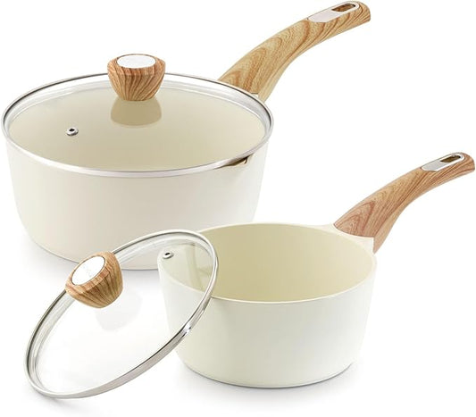 SENSARTE 2.0 & 3.0 Quart Ceramic Sauce Pan Sets with Lid, Cooking Pots Set, Nonstick Saucepan Set with Pour Spout, Small Kitchen Pot, Non toxic Saucepot, Induction Comptable, PFOA PTFE PFAS Free
