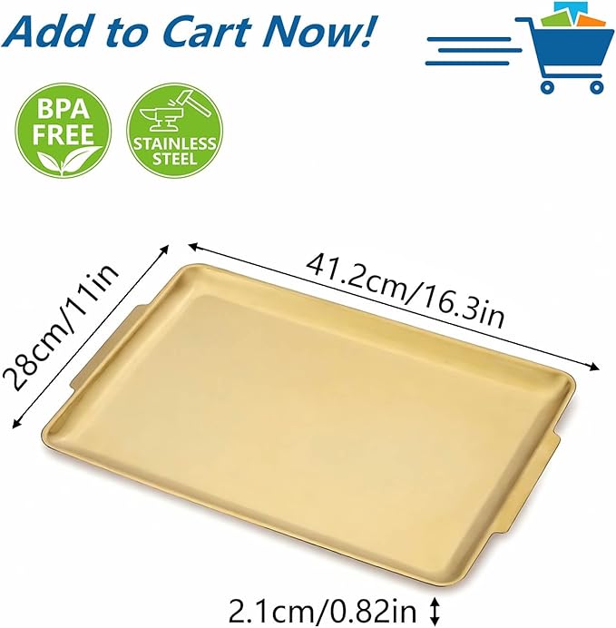 16.3" x 11" Large Serving Platters Set of 2, Stainless Steel Heavy-Duty Large Serving Trays, Gold Rectangular Plates for Food, Fruit, Party, Wedding, Christmas, Chip and Scratch Resistant