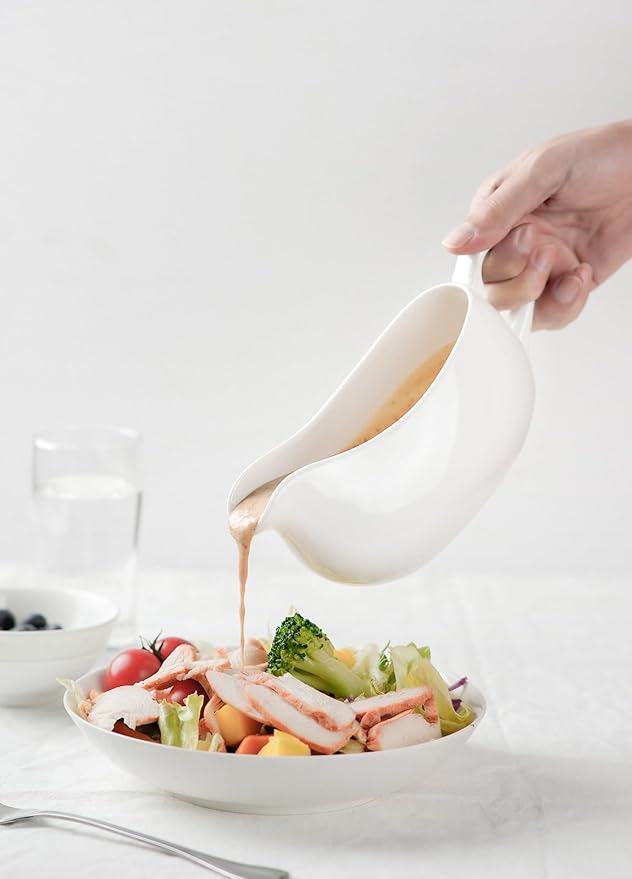 Gurygo Gravy Boat and Tray - 14oz Fine Porcelain Sauce & Salad Dressing Boat -Ceramic Sauce Boat for Gravy, Salad Dressings, Microwave & Freezer Safe (White)
