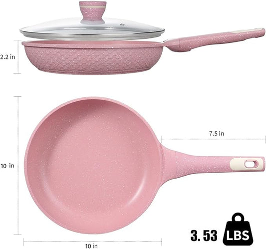 Xuanying 10 Inch Non Stick Frying Pans with Lid - 100% PFOA PFAS Free, Super Nonstick, All Stovetop Compatible Induction Gas Electric, Omelette & Egg Pan, Dishwasher Safe, Eco-Friendly Pink Pan