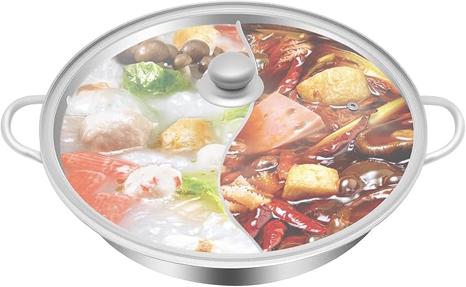 Stainless Steel Hot Pot with Divider, 13 In Dual Sided Nonstick Shabu Shabu Pot with Lid, Dual Handle Divided Stockpot for Cooking, Soup Cookware for Induction Cooktop Gas Stove