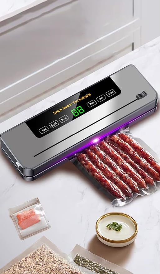 Vacuum Sealer Machine for Food with Built-In Cutter: 8-in-1 Food Sealer Vacuum Sealing for Liquid/Dry/Moist Saver,Manual/External Super Strong Suction,Countdown Display,Stainless Steel,Starter Kit