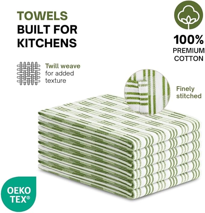 Premium Kitchen Towel Set of 6-100% Cotton Quick-Drying & Absorbent Dish Cloths - 18x28 Inch, Farmhouse Tea Premium Towels with Green Stripes, Twill Weave